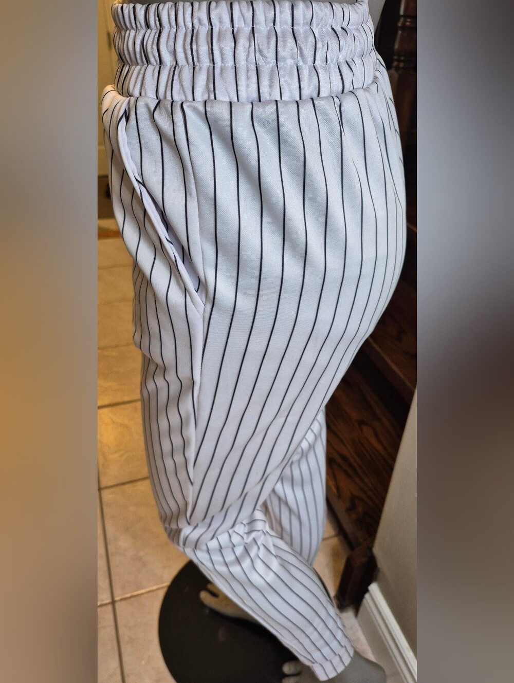 Revamped White Pinstripe Drawstring Pants - Picture 3 of 9